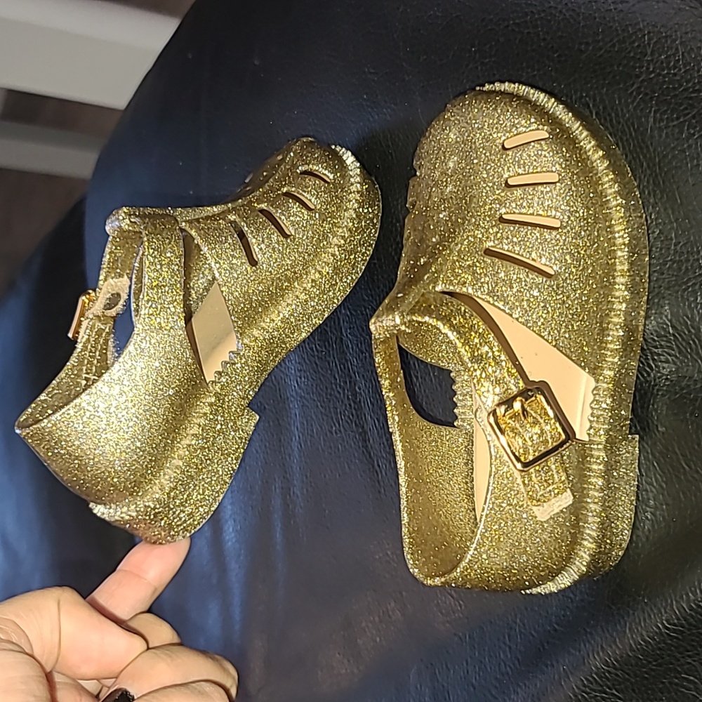 Mini Melissa Shoes Gold Glitter Jelly Sandals Toddler Girl Size: 7 with velco st